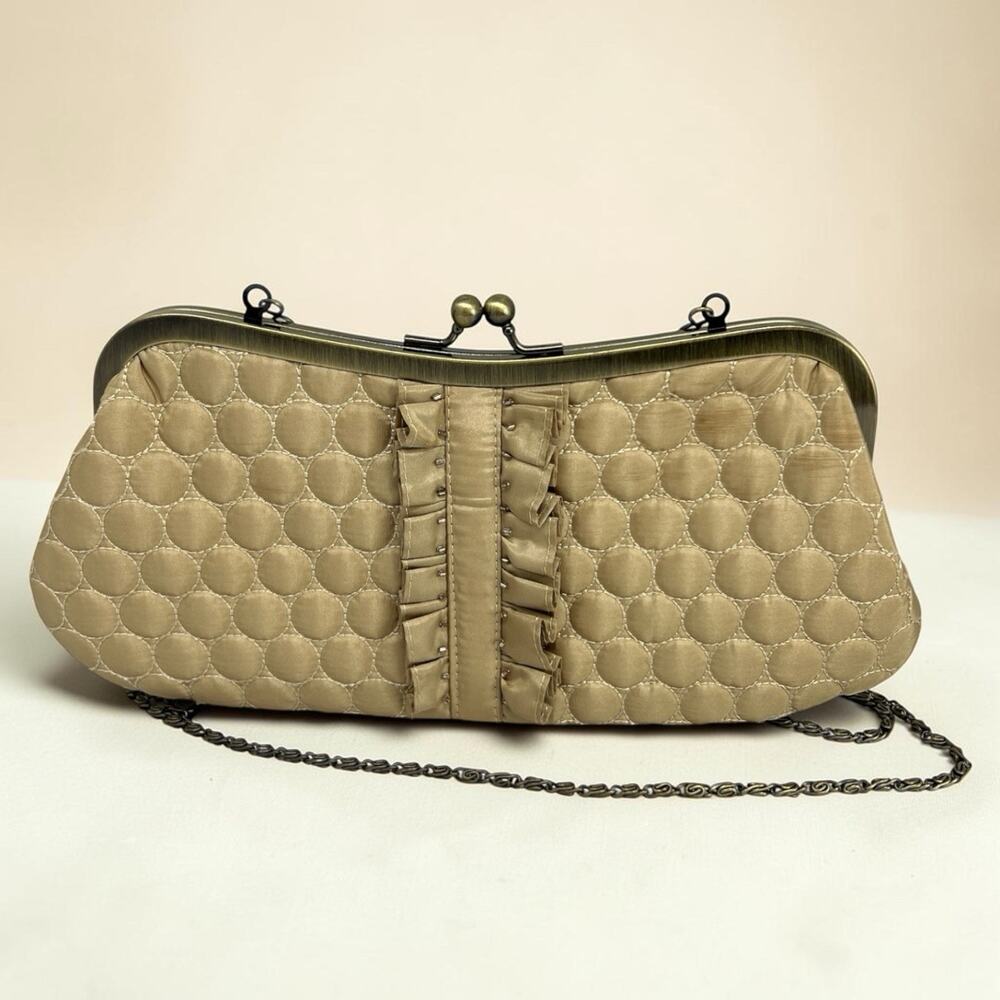Y2K Liz Claiborne Champagne Taupe Beaded Ruffle Kiss Lock Crossbody Clutch Purse
